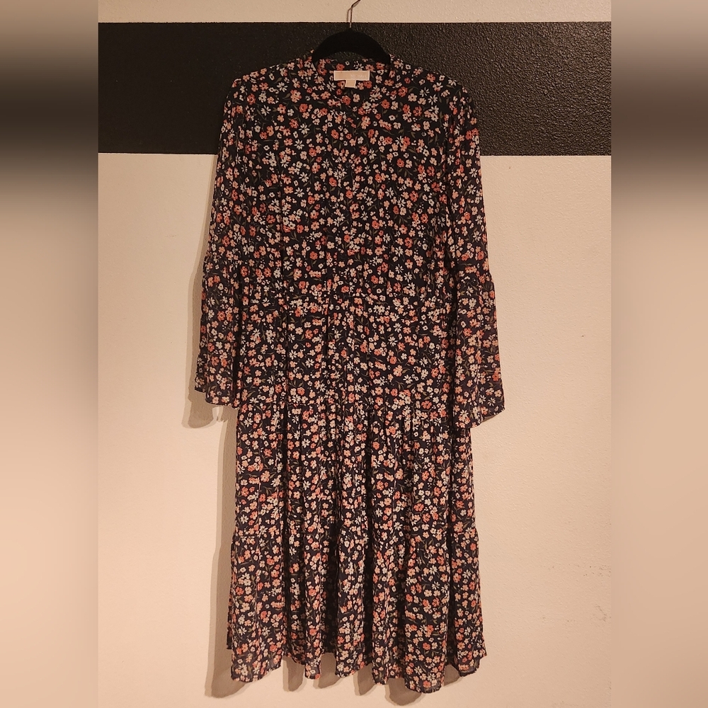 MICHAEL Michael Kors Long Sleeve Floral Dress - Navy and Pink Size XL